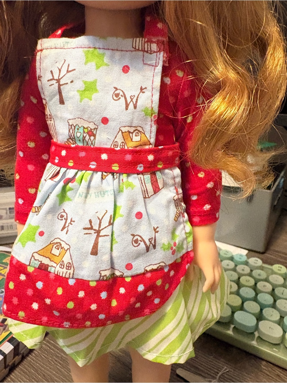 American Girl Wellie wisher doll with red green dress and lime shoes. - Picture 5 of 9